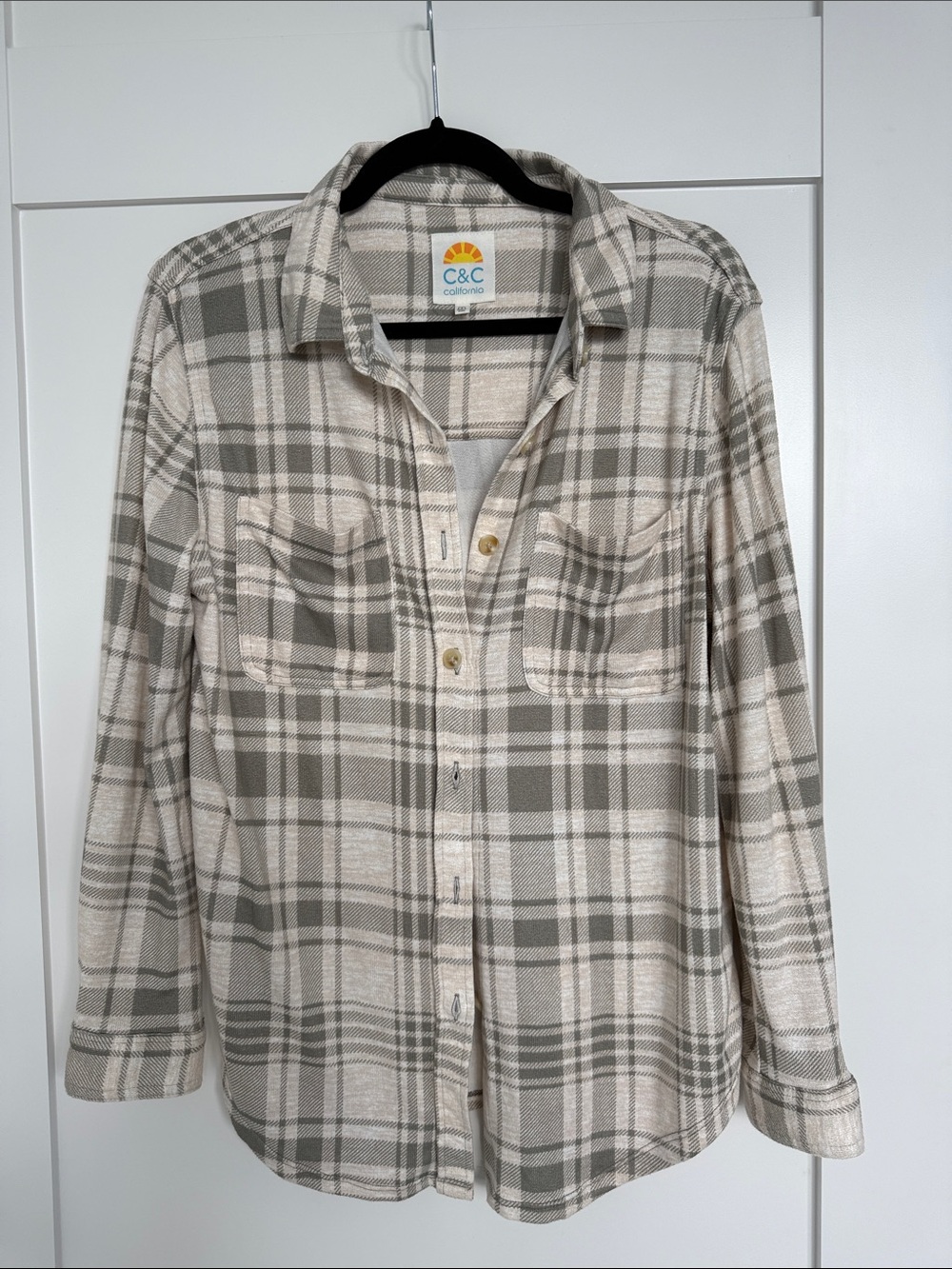 C&C California Beige and Gray Plaid Button-Down Shirt